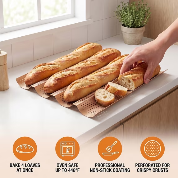 2-Pack Baguette Pan – Perforated Nonstick, 4 Loaves Each, with Proofing Cloth, 15"x13" Gold