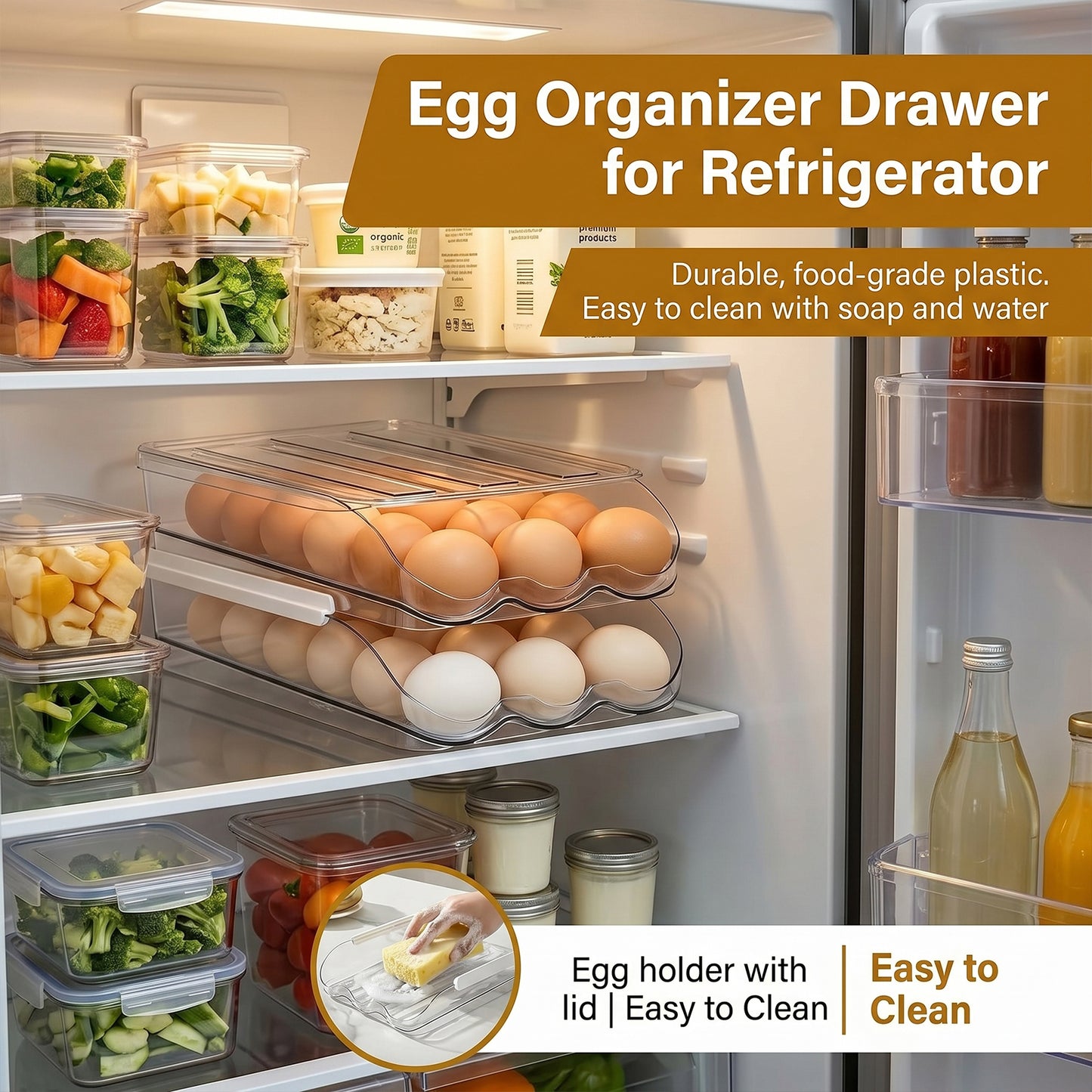 2 Tier Egg Holder, Clear Plastic Stackable Storage Bin with Lid, Large Capacity Organizer for Refrigerator and Countertop, Sturdy Container to Store 36 Eggs for Kitchen Use