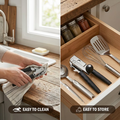 Manual Commercial Can Opener, Stainless Steel Smooth Edge Cutting, Handheld with Easy Crank Handle, Black Non-Slip Grip, Built-in Bottle Opener, Suitable for Home, Kitchen & Restaurant Use