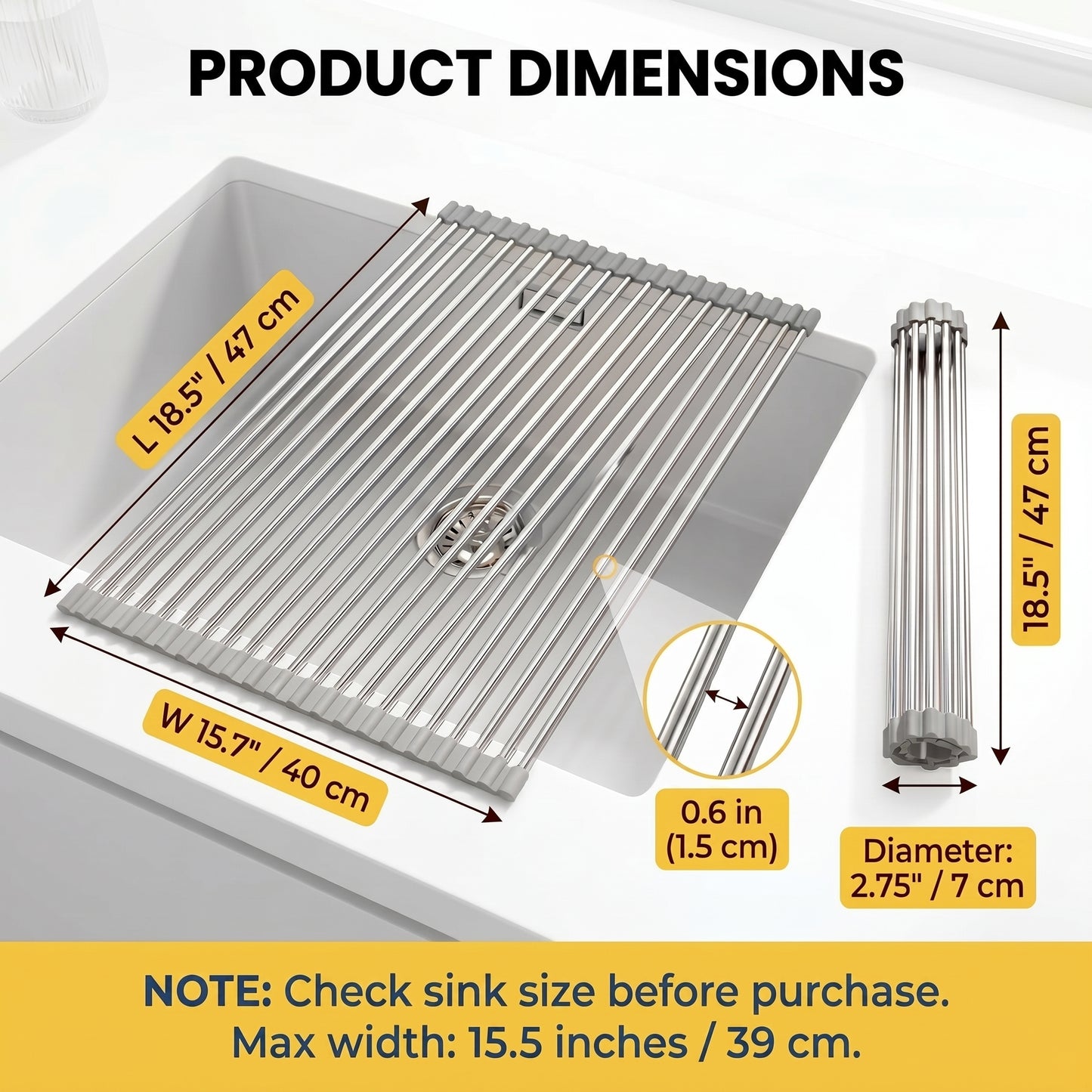 Roll Up Dish Drying Rack, 18.5 x 15.7 Inch Stainless Steel Foldable Over Sink Organizer with Anti-Slip Edges for Kitchen Sink