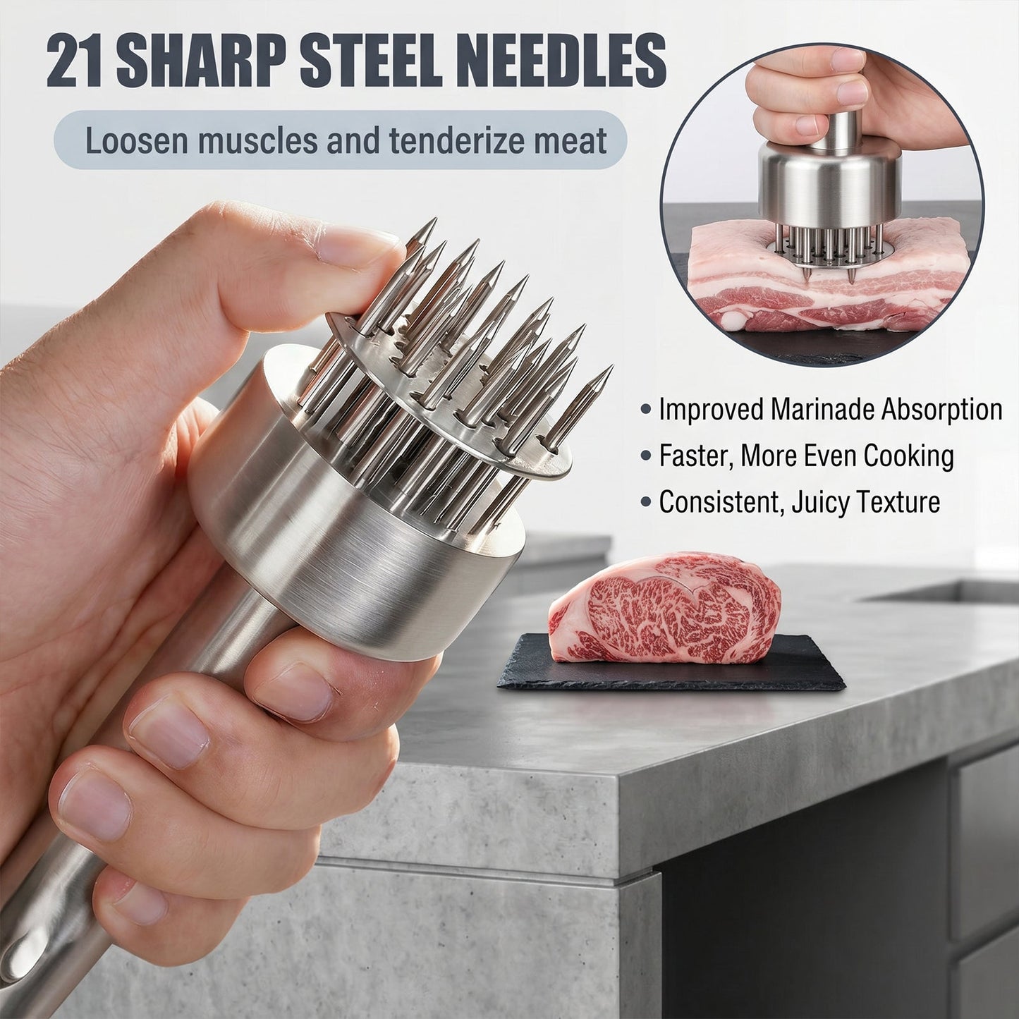 21-Needle Meat Tenderizer Tool - 304 Stainless Steel Manual Meat Prep for Beef, Pork & Chicken, Spring-Loaded Kitchen Tenderizer with Cleaning Brush