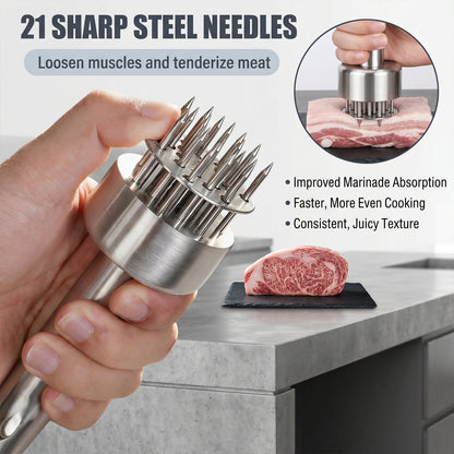 21-Needle Meat Tenderizer Tool - 304 Stainless Steel Manual Meat Prep for Beef, Pork & Chicken, Spring-Loaded Kitchen Tenderizer with Cleaning Brush