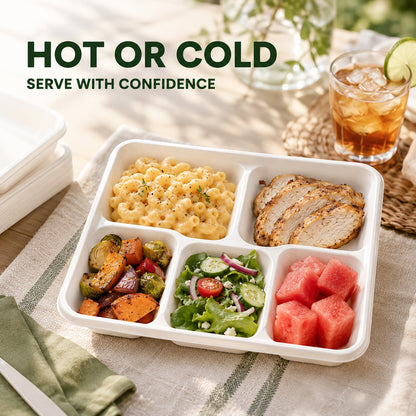 100 Pack Plant-Based 5-Compartment Disposable Plates, Divided Paper Dinner Plates for Party, Catering & Special Events