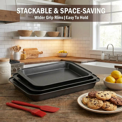 3-Pack Nonstick Baking Sheet Set – Carbon Steel, Stackable, Rust & Warp Resistant, with Brush & Spatula