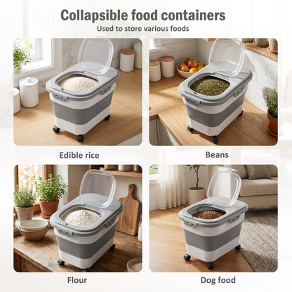 Collapsible Pet Food Storage Container with Airtight Locking Lid, Rolling Casters & Scoop, 20–23 Lbs Large Multipurpose Bin for Dry Pet Food, Rice & Flour