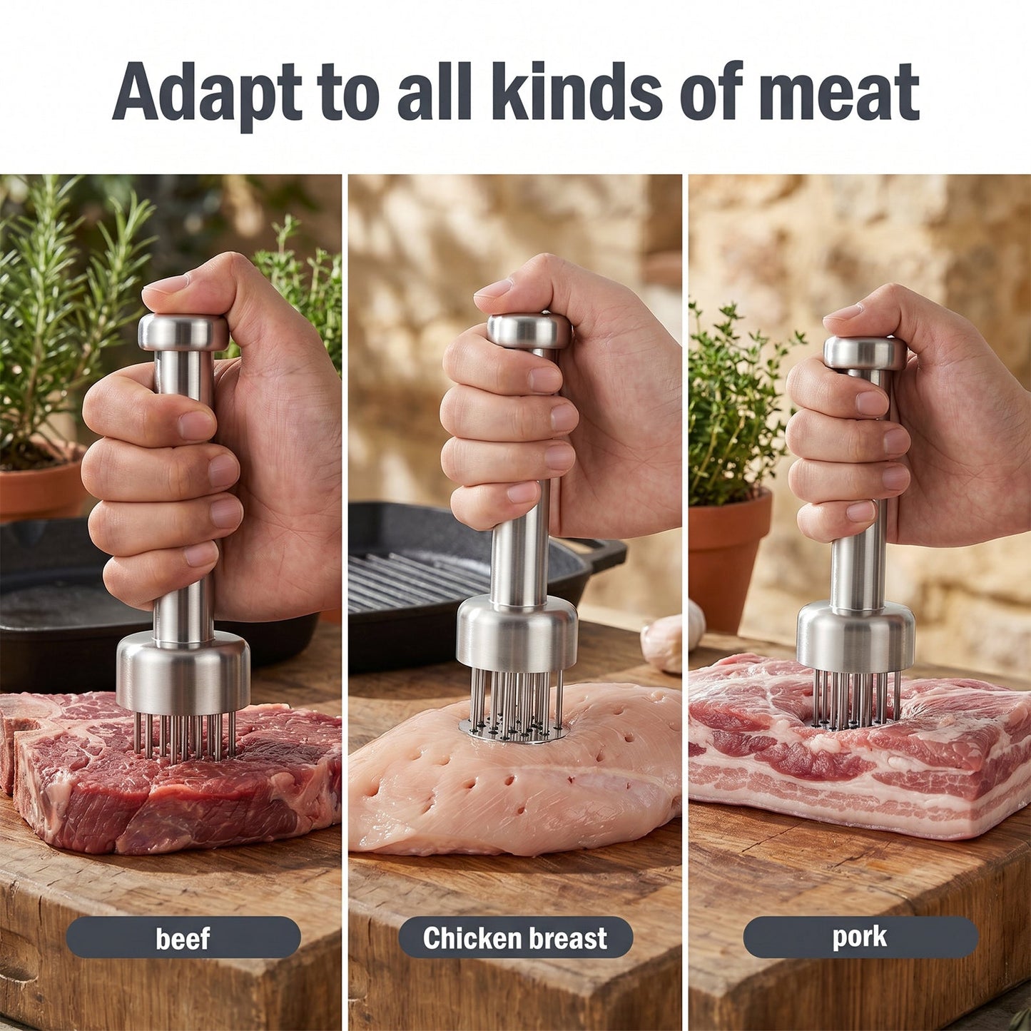 21-Needle Meat Tenderizer Tool - 304 Stainless Steel Manual Meat Prep for Beef, Pork & Chicken, Spring-Loaded Kitchen Tenderizer with Cleaning Brush