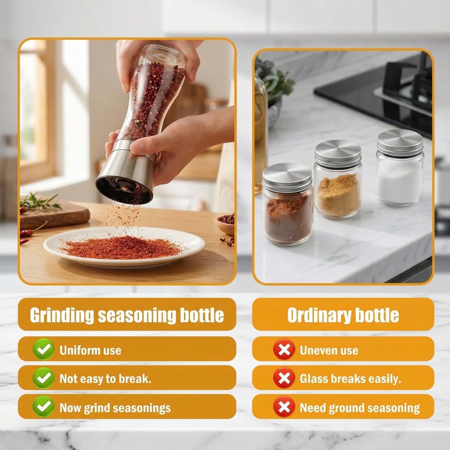 2-Pack Stainless Steel Pepper Grinder Set, Adjustable Coarseness Spice Mill, Salt Grinder for Sea Salt and Pepper