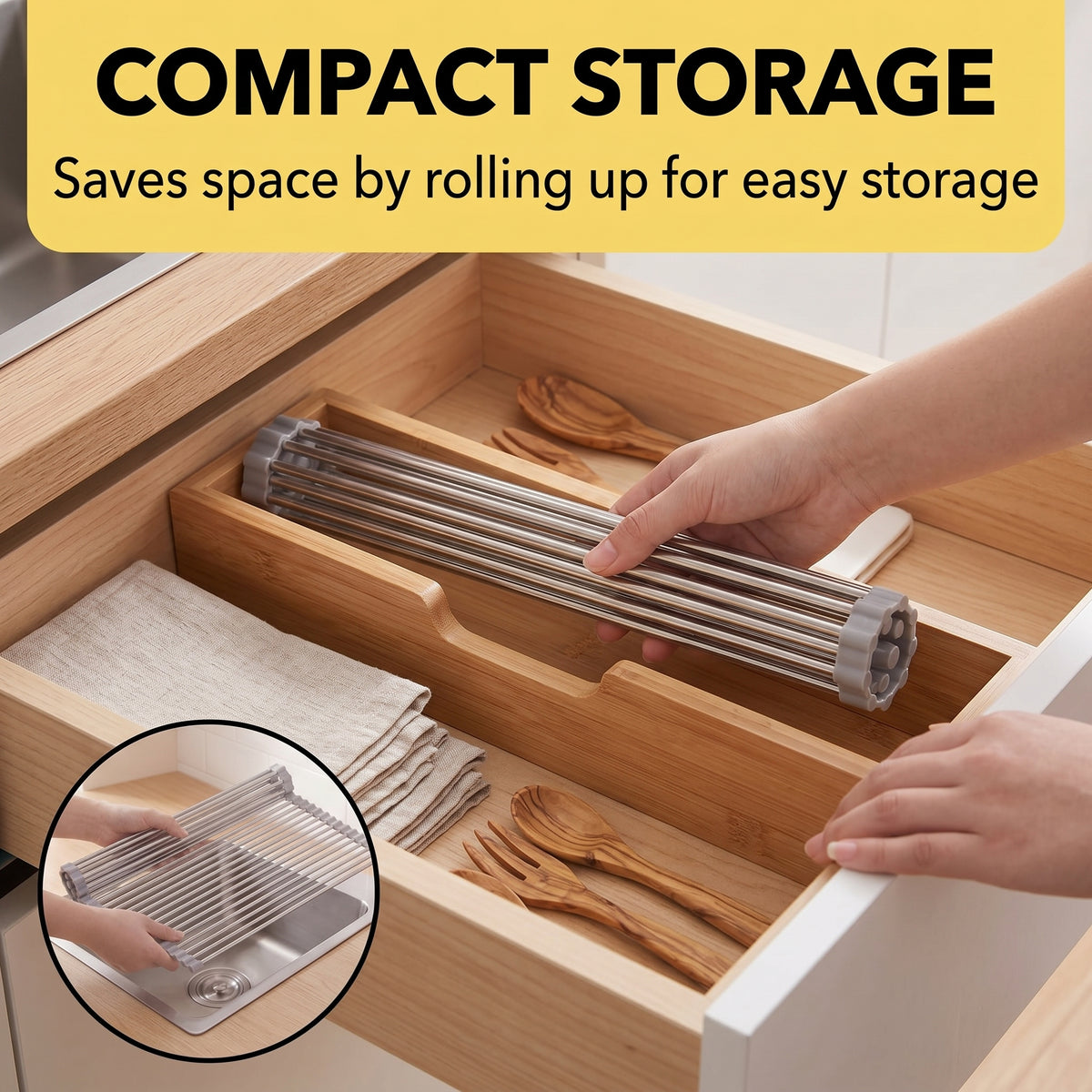 Roll Up Dish Drying Rack, 18.5 x 15.7 Inch Stainless Steel Foldable Over Sink Organizer with Anti-Slip Edges for Kitchen Sink