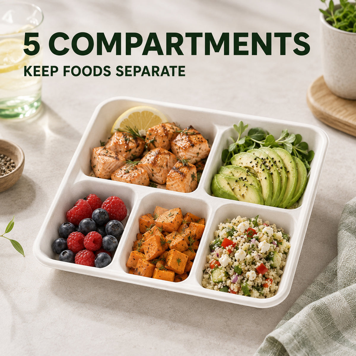 100 Pack Plant-Based 5-Compartment Disposable Plates, Divided Paper Dinner Plates for Party, Catering & Special Events