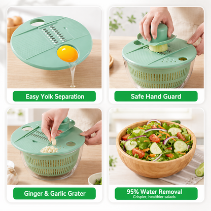 Large Salad Spinner And Slicer - 5.3 Qt, 3-In-1 Fruit And Vegetable Wash Bowl, Lettuce Spinner With 5-Blade Slicer And Egg Strainer for Quick Salad Making (Green)