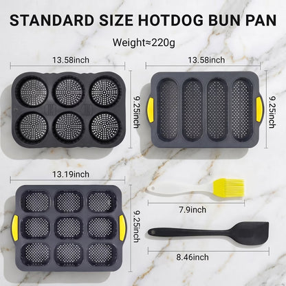Silicone Baguette Bread Pan, Nonstick French Bread & Hot Dog Bun Mold, Foldable Loaf Pan for Hoagie Rolls, Dishwasher Safe, Easy Release – 3 Pack