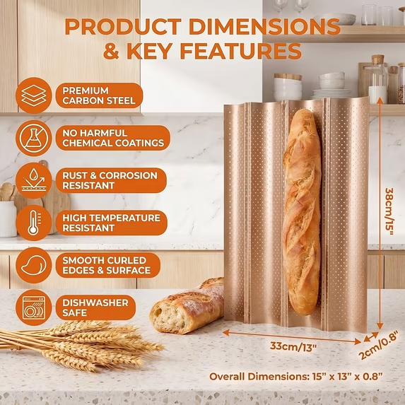 2-Pack Baguette Pan – Perforated Nonstick, 4 Loaves Each, with Proofing Cloth, 15"x13" Gold