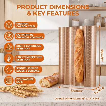 2-Pack Baguette Pan – Perforated Nonstick, 4 Loaves Each, with Proofing Cloth, 15"x13" Gold