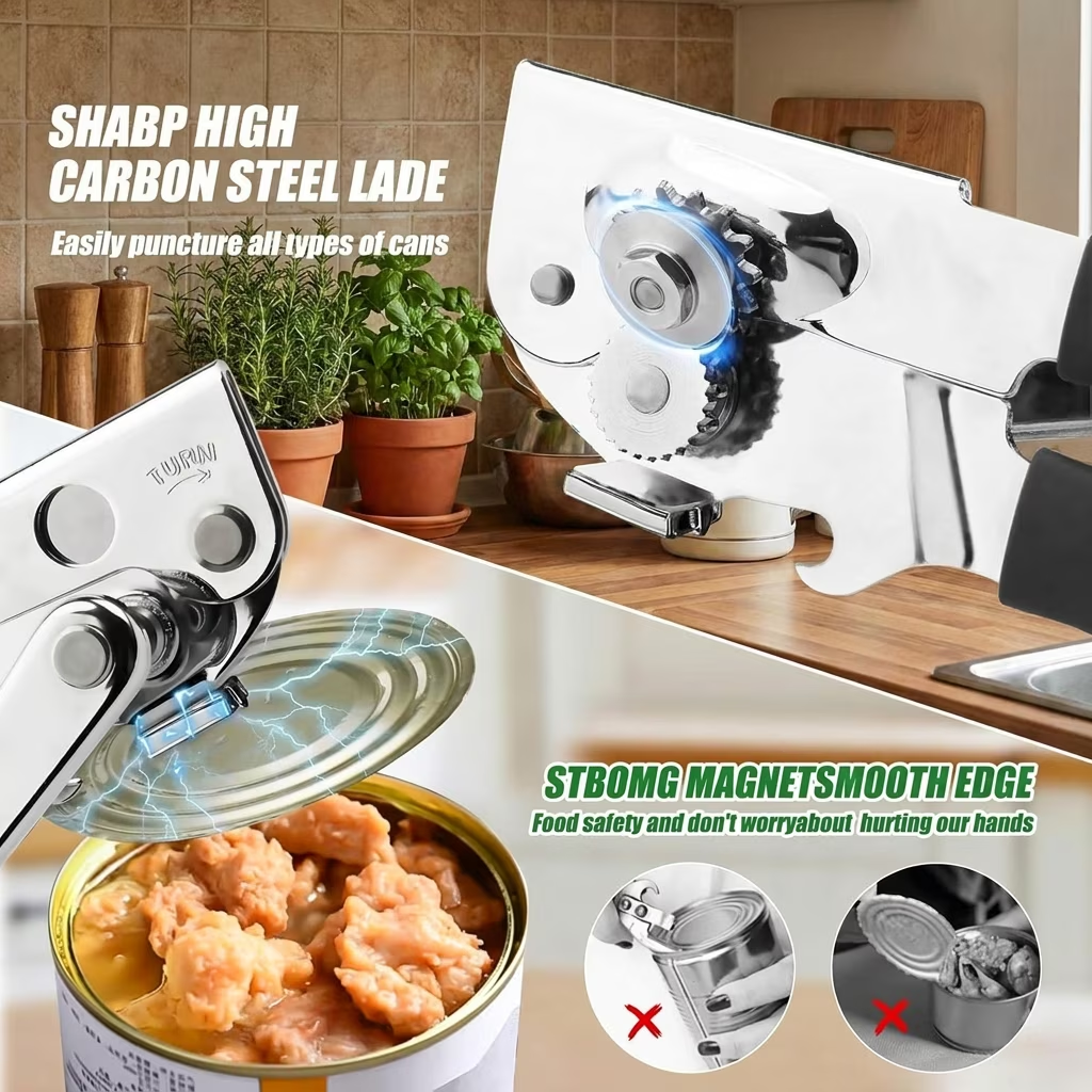 Manual Commercial Can Opener, Stainless Steel Smooth Edge Cutting, Handheld with Easy Crank Handle, Black Non-Slip Grip, Built-in Bottle Opener, Suitable for Home, Kitchen & Restaurant Use