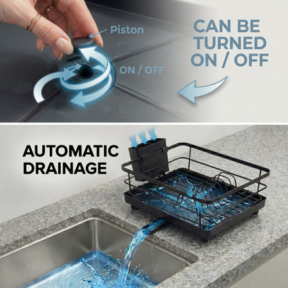 Metal Dish Drying Rack for Kitchen Counter (15.6" × 12") — Black Coated Steel with Removable Utensil Holder & Swivel Drainboard