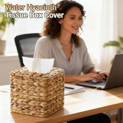 1 Pack Square Rattan Tissue Box Cover, Handwoven Water Hyacinth Tissue Holder, Boho Decorative Napkin Box, Durable Natural Wicker for Bathroom, Kitchen, Living Room & Bedroom