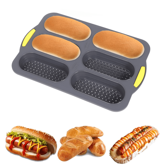 6 Cavity Silicone Baguette Bread Pan, Nonstick French Bread and Hot Dog Bun Mold, Foldable Loaf Pan Baking Tool for Hoagie Homemade Rolls, Dishwasher Safe, Easy Release