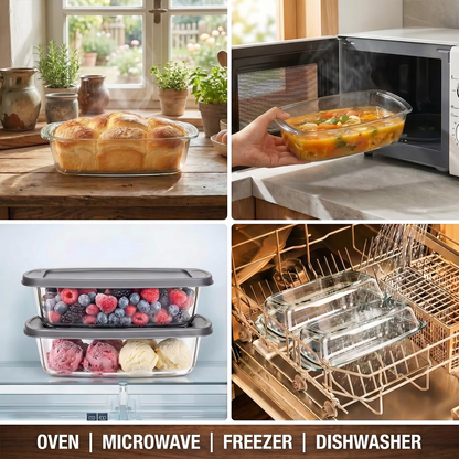 2-Pack Glass Loaf Pan with Lids – Deep 1.9 QT, Clear Baking Dish, Wide Handles, Oven to Fridge