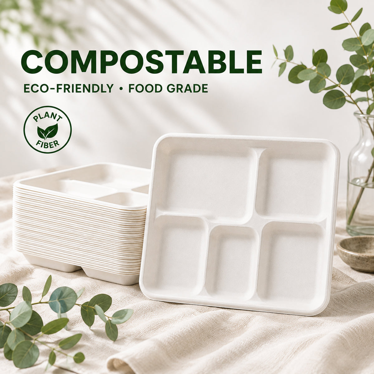 100 Pack Plant-Based 5-Compartment Disposable Plates, Divided Paper Dinner Plates for Party, Catering & Special Events
