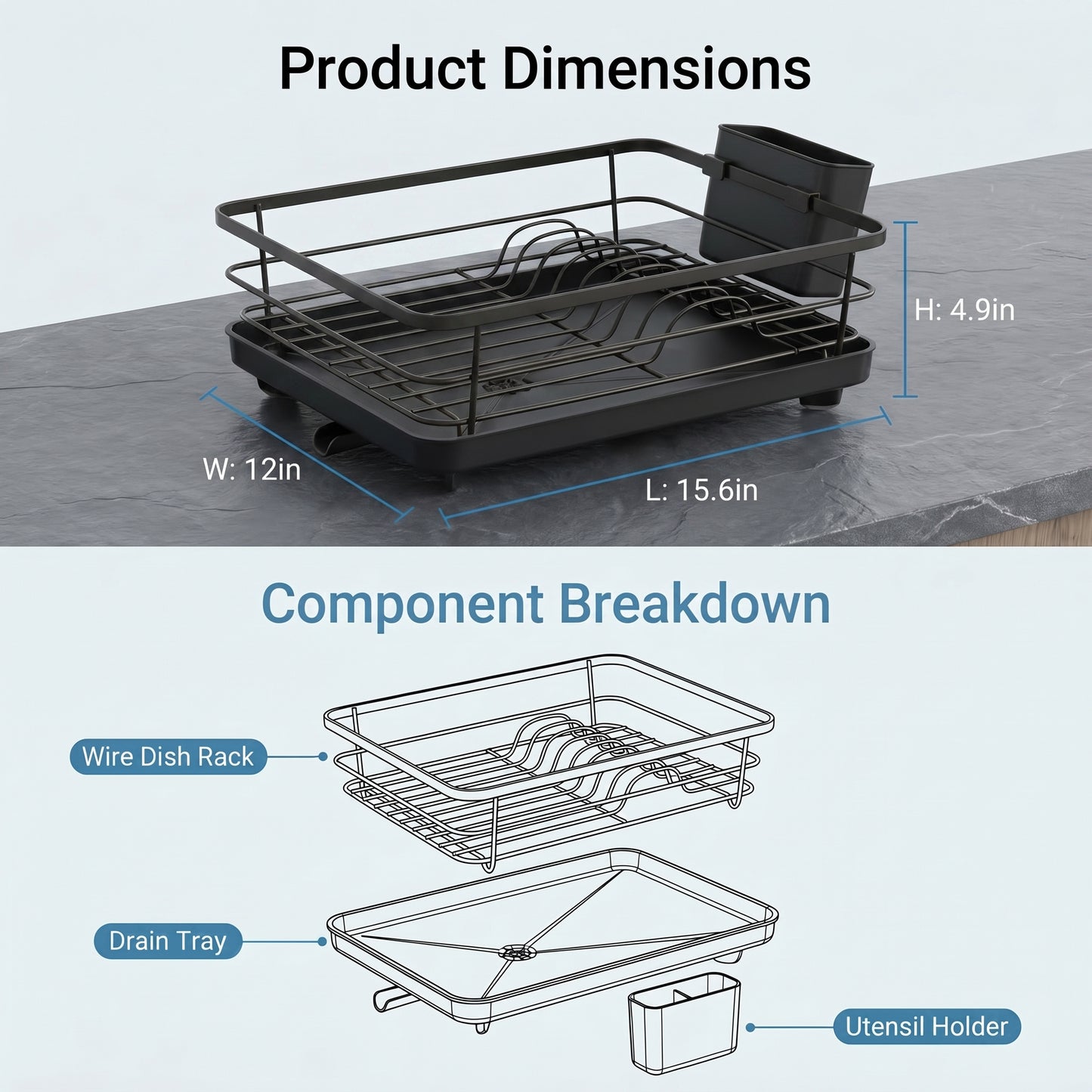 Metal Dish Drying Rack for Kitchen Counter (15.6" × 12") — Black Coated Steel with Removable Utensil Holder & Swivel Drainboard