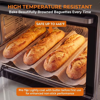 2-Pack Baguette Pan – Perforated Nonstick, 4 Loaves Each, with Proofing Cloth, 15"x13" Gold