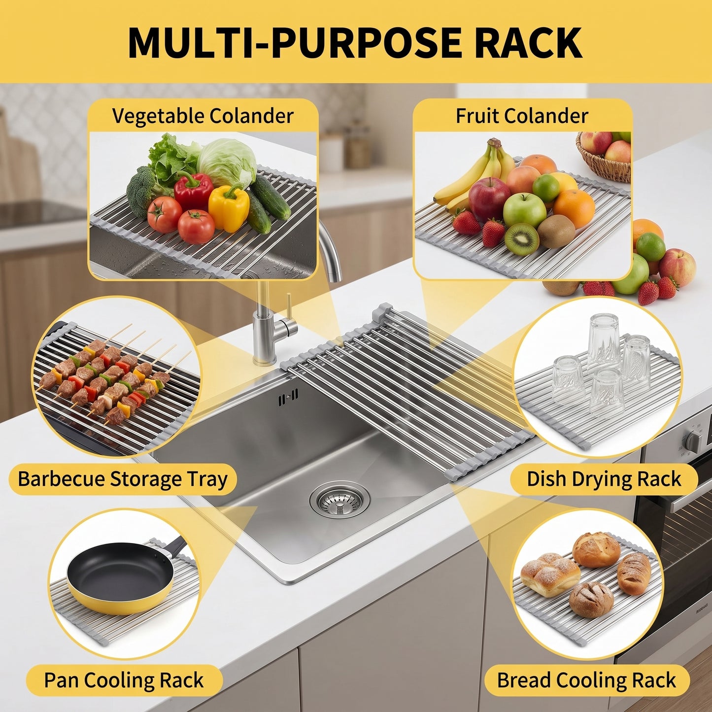Roll Up Dish Drying Rack, 18.5 x 15.7 Inch Stainless Steel Foldable Over Sink Organizer with Anti-Slip Edges for Kitchen Sink