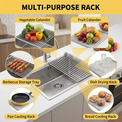 Roll Up Dish Drying Rack, 18.5 x 15.7 Inch Stainless Steel Foldable Over Sink Organizer with Anti-Slip Edges for Kitchen Sink