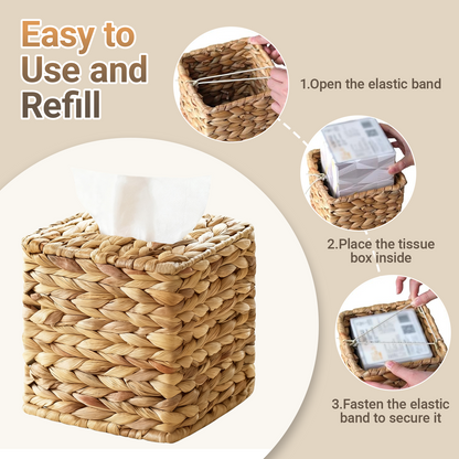 1 Pack Square Rattan Tissue Box Cover, Handwoven Water Hyacinth Tissue Holder, Boho Decorative Napkin Box, Durable Natural Wicker for Bathroom, Kitchen, Living Room & Bedroom