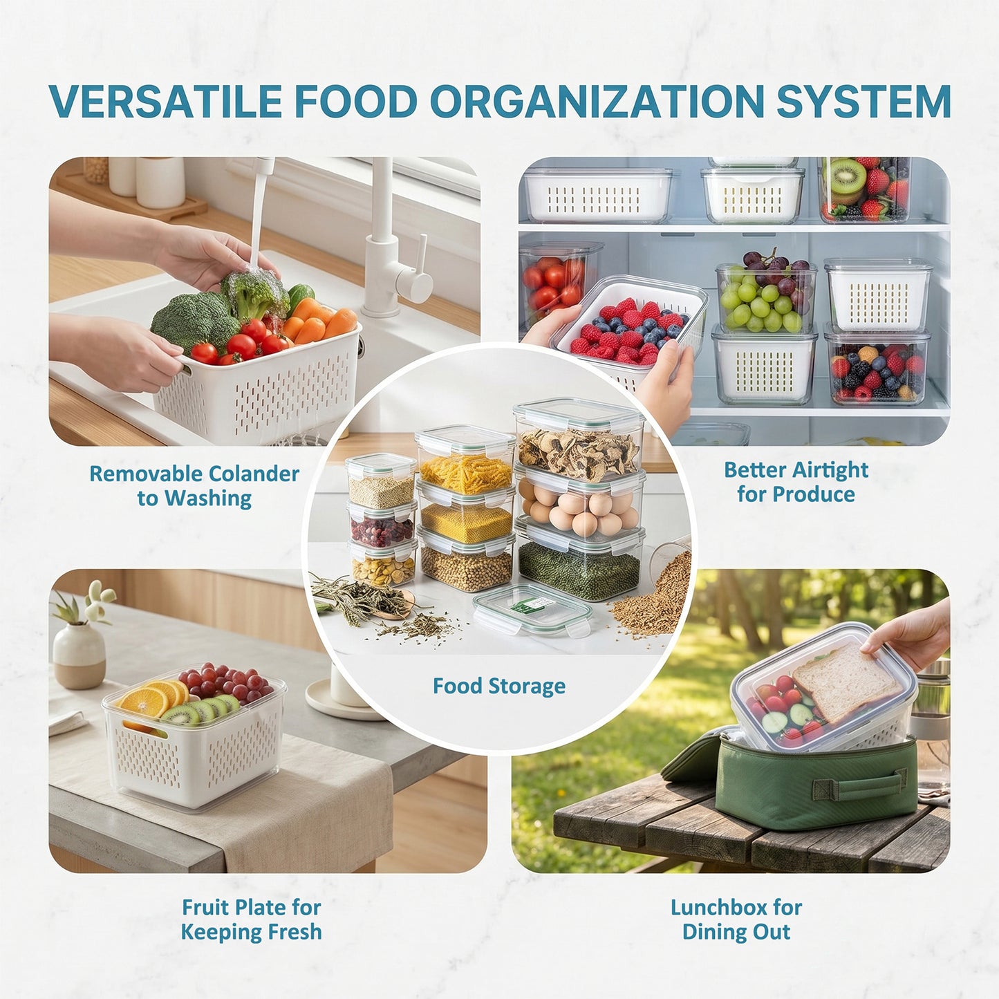 5-Pack Fruit Storage Containers for Refrigerator, Airtight Food Organizer with Double Layer Drain Design