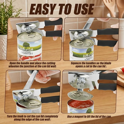 Manual Commercial Can Opener, Stainless Steel Smooth Edge Cutting, Handheld with Easy Crank Handle, Black Non-Slip Grip, Built-in Bottle Opener, Suitable for Home, Kitchen & Restaurant Use