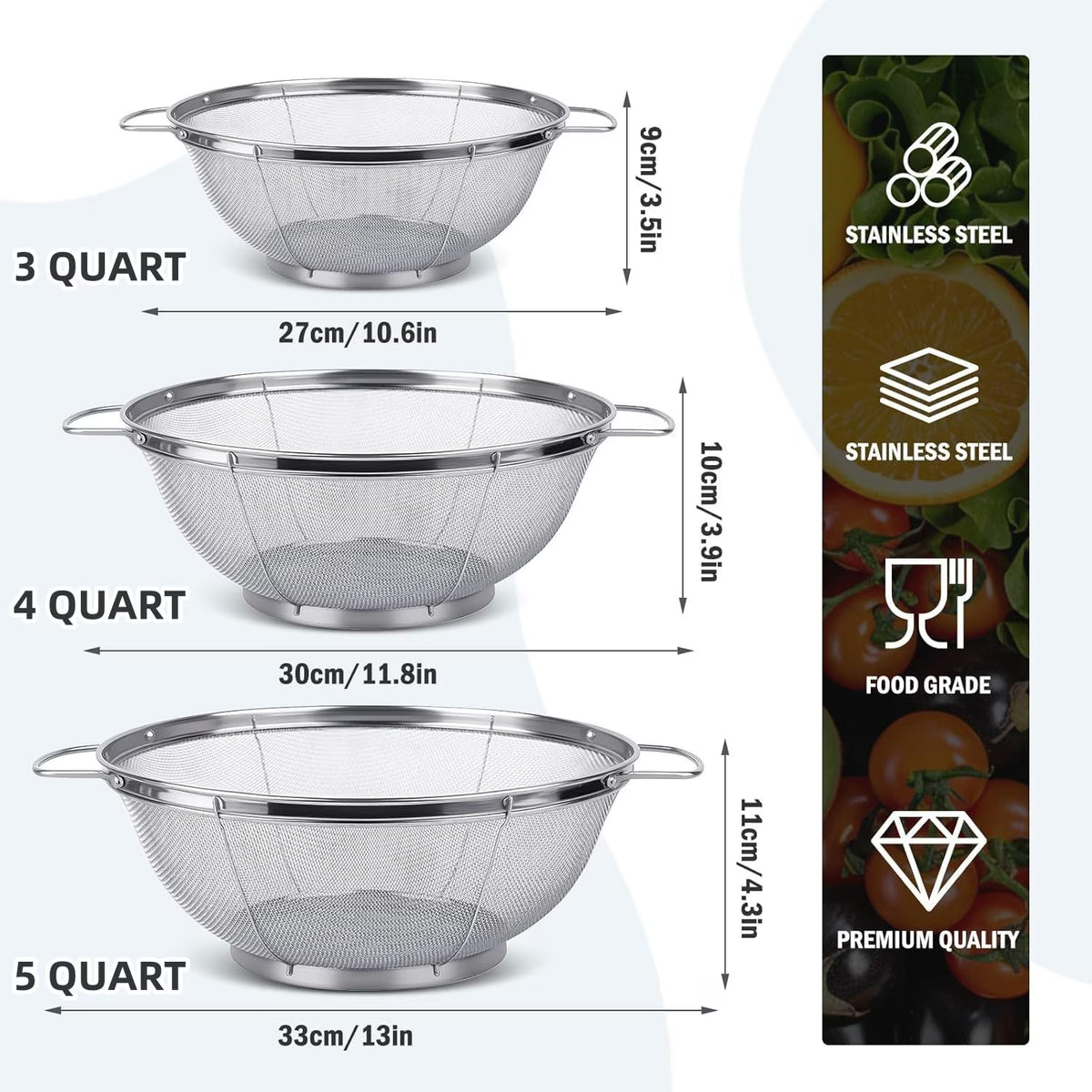 3 Pack Stainless Steel Colander, Colander with Handles and Resting Base, Mesh Strainers for Kitchen – 3 Sizes (3,4,5 Quart), Dishwasher Safe