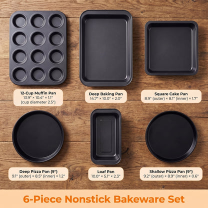 6-Piece Nonstick Bakeware Set – Carbon Steel, Includes Roasting Pan, Cookie Sheet, Cake Pan, Loaf Pan & Muffin Pan