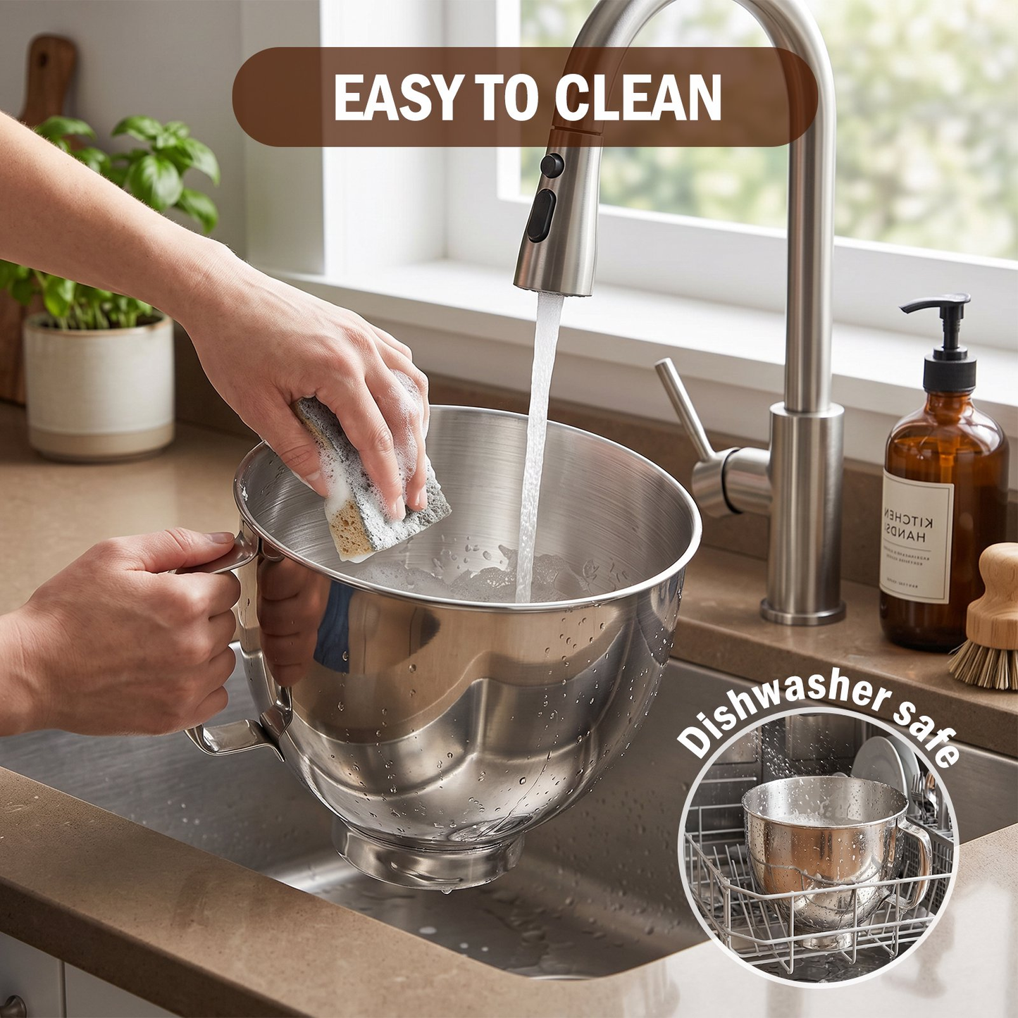 5 Quart Stainless Steel Mixing Bowl with Handle & Clasp, Silver, Fits Tilt-Head 4.5-5 Qt Stand Mixers K45 K45SS KSM75 KSM150 KSM95