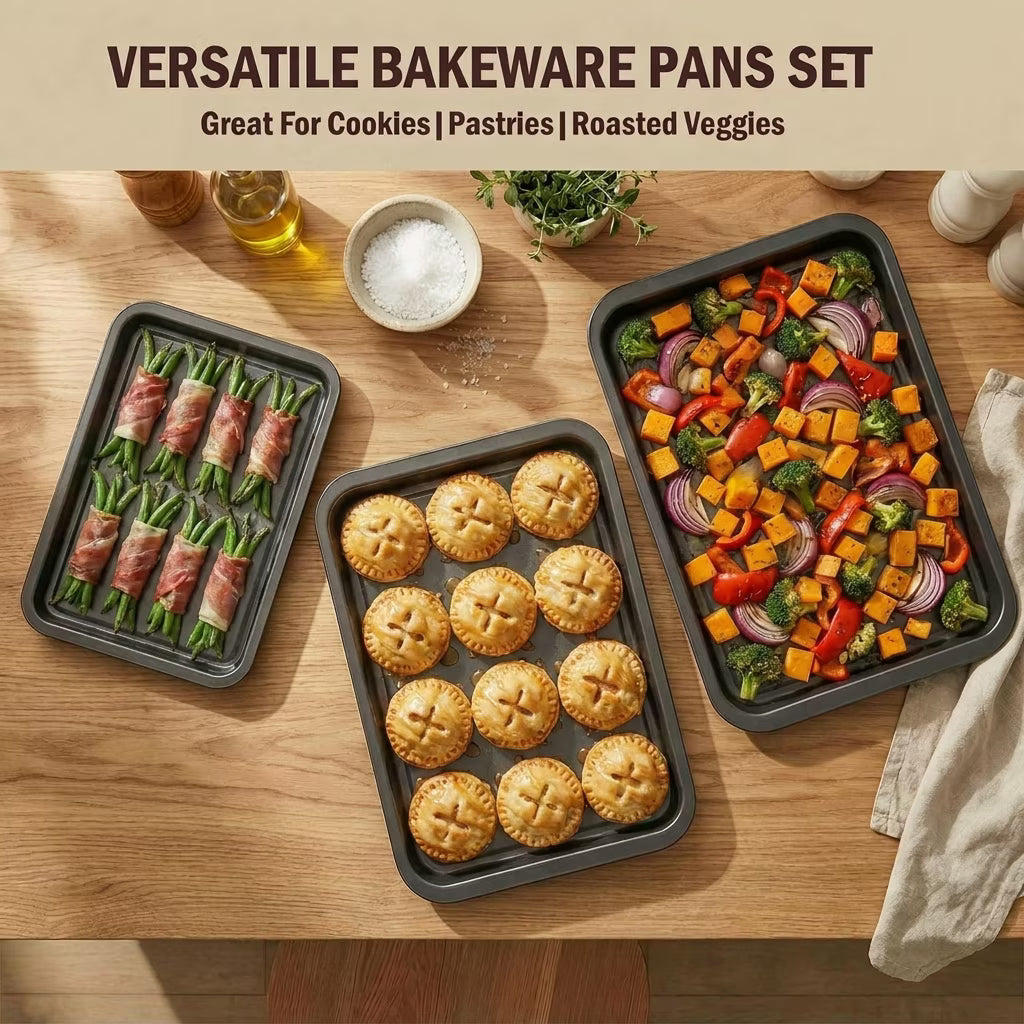 3-Pack Nonstick Baking Sheet Set – Carbon Steel, Stackable, Rust & Warp Resistant, with Brush & Spatula