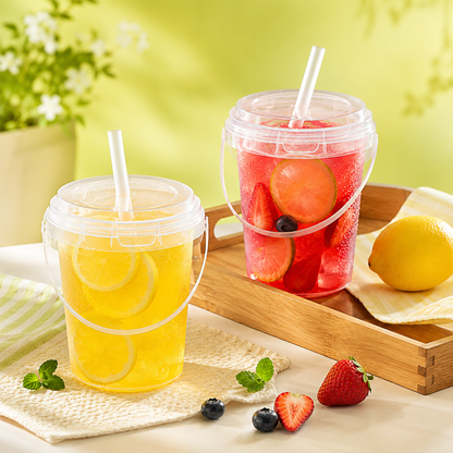 15 Sets 34 oz Plastic Cups with Lids and Straws - Portable To-Go Beverage Tumblers with Handles for Pool, Beach, Picnic and Party Supplies, Reusable