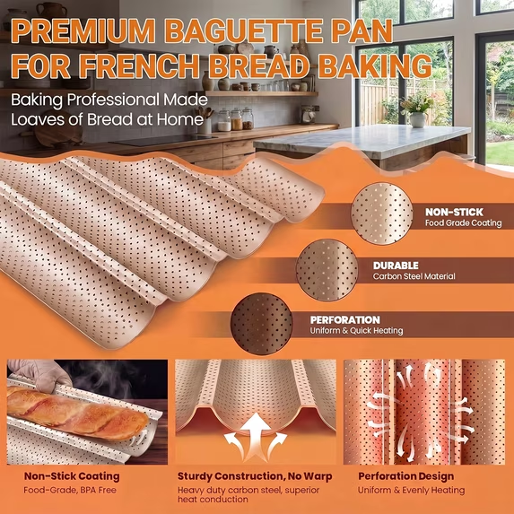 2-Pack Baguette Pan – Perforated Nonstick, 4 Loaves Each, with Proofing Cloth, 15"x13" Gold