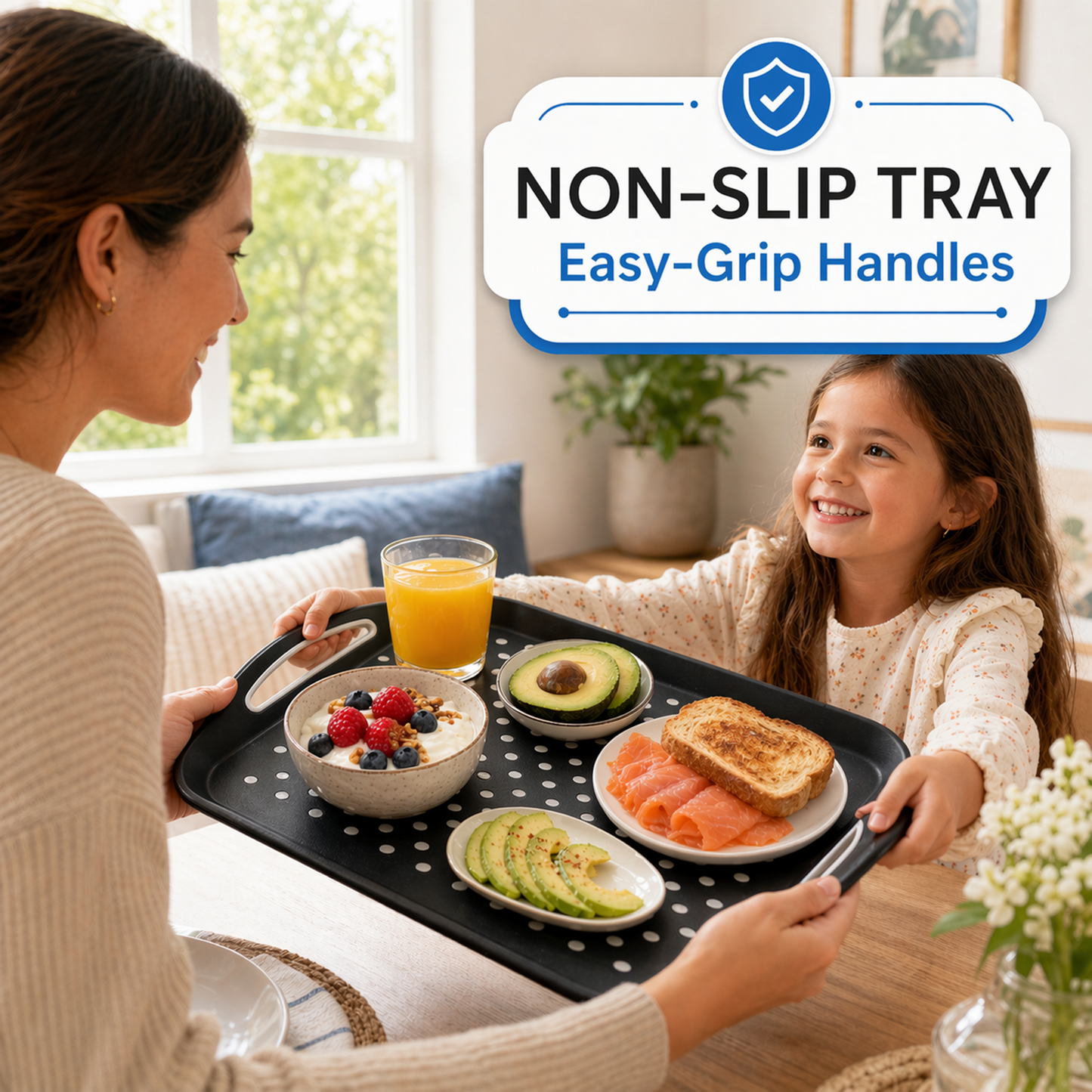1 Pack Large Non-Slip Serving Tray with Handles, Rubber Grippy Lap Food Tray, Dishwasher Safe for Meals, Snacks and Drinks
