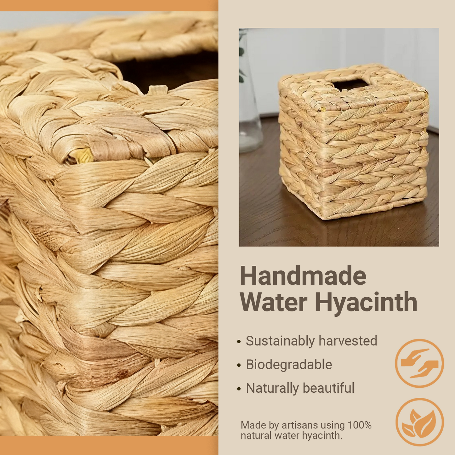 1 Pack Square Rattan Tissue Box Cover, Handwoven Water Hyacinth Tissue Holder, Boho Decorative Napkin Box, Durable Natural Wicker for Bathroom, Kitchen, Living Room & Bedroom