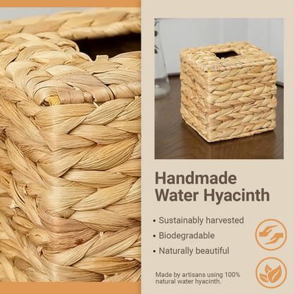 1 Pack Square Rattan Tissue Box Cover, Handwoven Water Hyacinth Tissue Holder, Boho Decorative Napkin Box, Durable Natural Wicker for Bathroom, Kitchen, Living Room & Bedroom