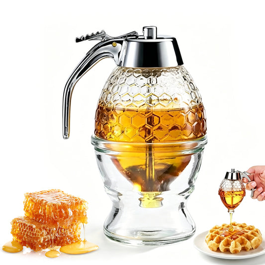 8oz Glass Honey Dispenser – No-Drip Press Lever, Honeycomb Design, Syrup Jar