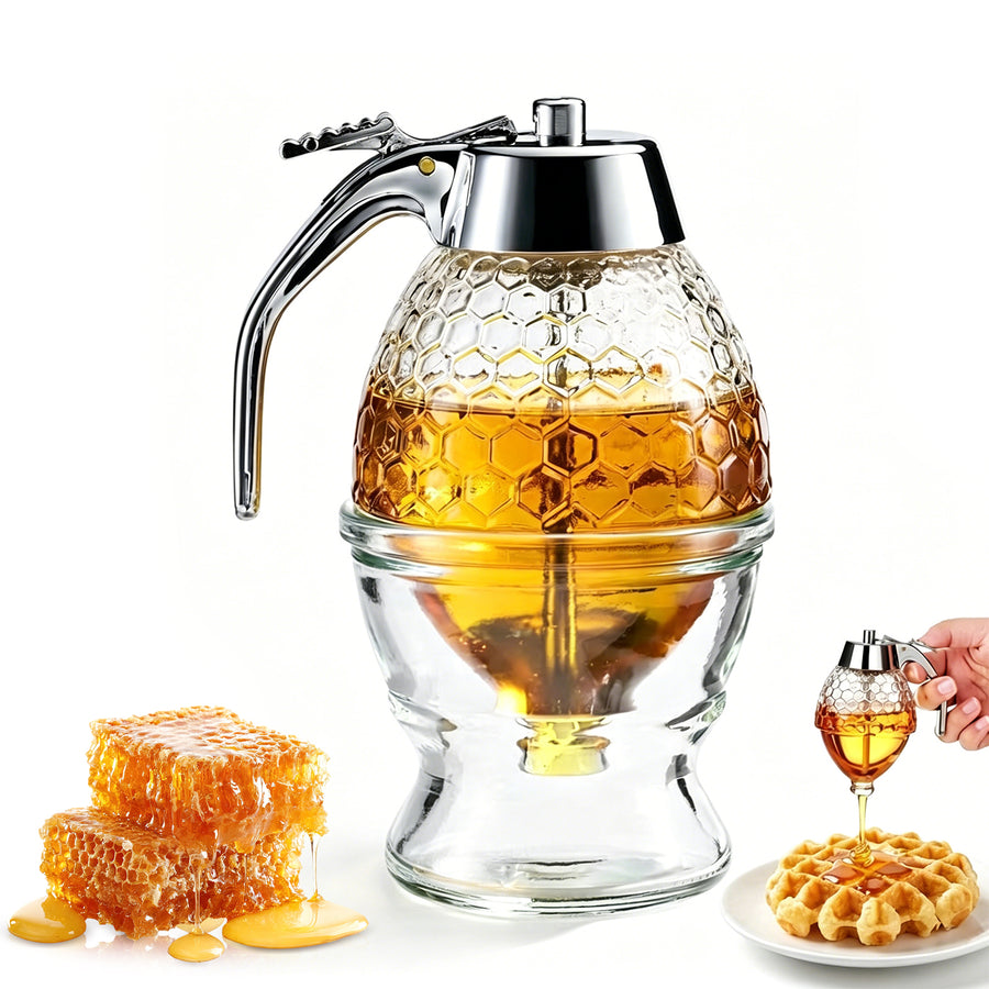 8oz Glass Honey Dispenser – No-Drip Press Lever, Honeycomb Design, Syrup Jar