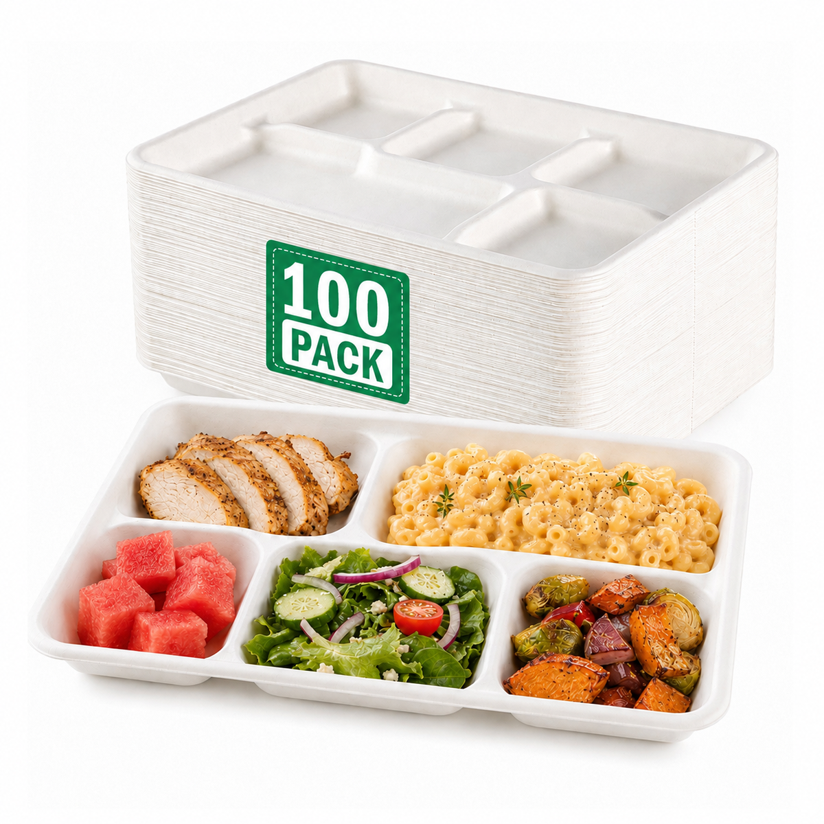 100 Pack Plant-Based 5-Compartment Disposable Plates, Divided Paper Dinner Plates for Party, Catering & Special Events