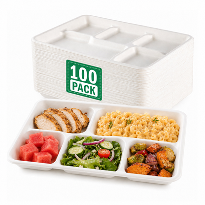 100 Pack Plant-Based 5-Compartment Disposable Plates, Divided Paper Dinner Plates for Party, Catering & Special Events