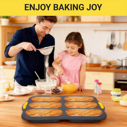 6 Cavity Silicone Baguette Bread Pan, Nonstick French Bread and Hot Dog Bun Mold, Foldable Loaf Pan Baking Tool for Hoagie Homemade Rolls, Dishwasher Safe, Easy Release