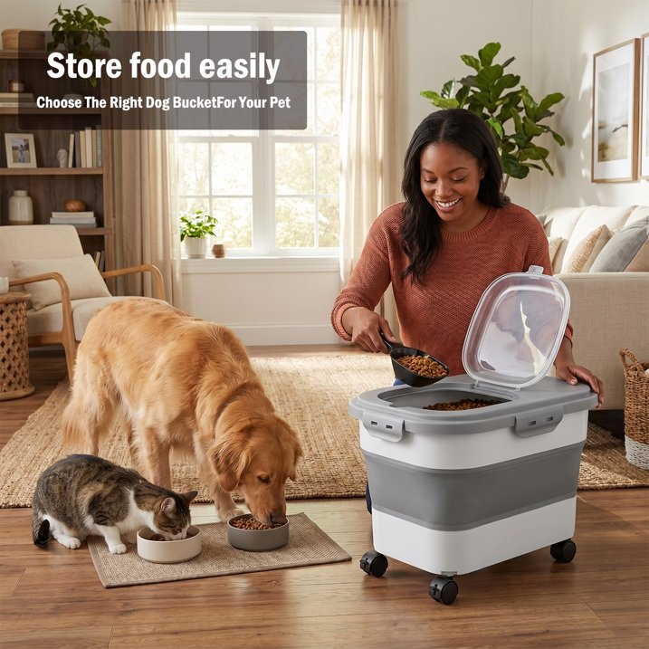 Collapsible Pet Food Storage Container with Airtight Locking Lid, Rolling Casters & Scoop, 20–23 Lbs Large Multipurpose Bin for Dry Pet Food, Rice & Flour