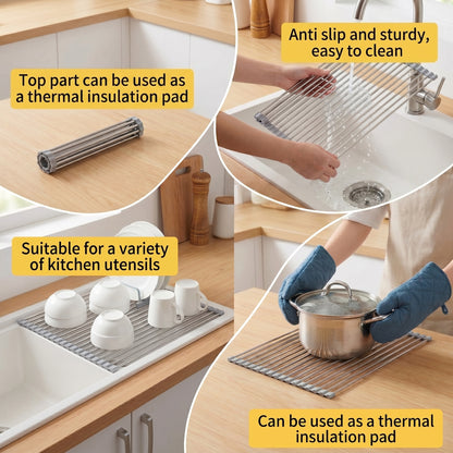 Roll Up Dish Drying Rack, 18.5 x 15.7 Inch Stainless Steel Foldable Over Sink Organizer with Anti-Slip Edges for Kitchen Sink