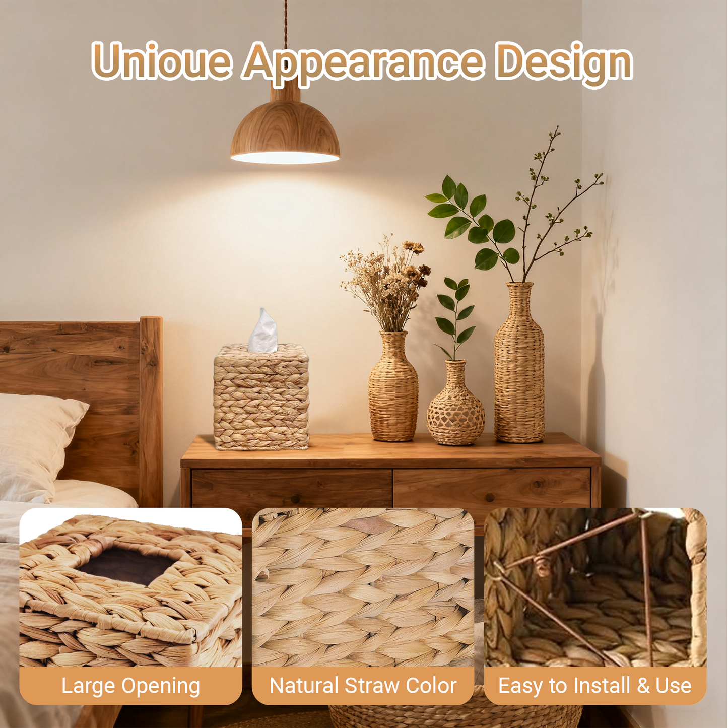 1 Pack Square Rattan Tissue Box Cover, Handwoven Water Hyacinth Tissue Holder, Boho Decorative Napkin Box, Durable Natural Wicker for Bathroom, Kitchen, Living Room & Bedroom
