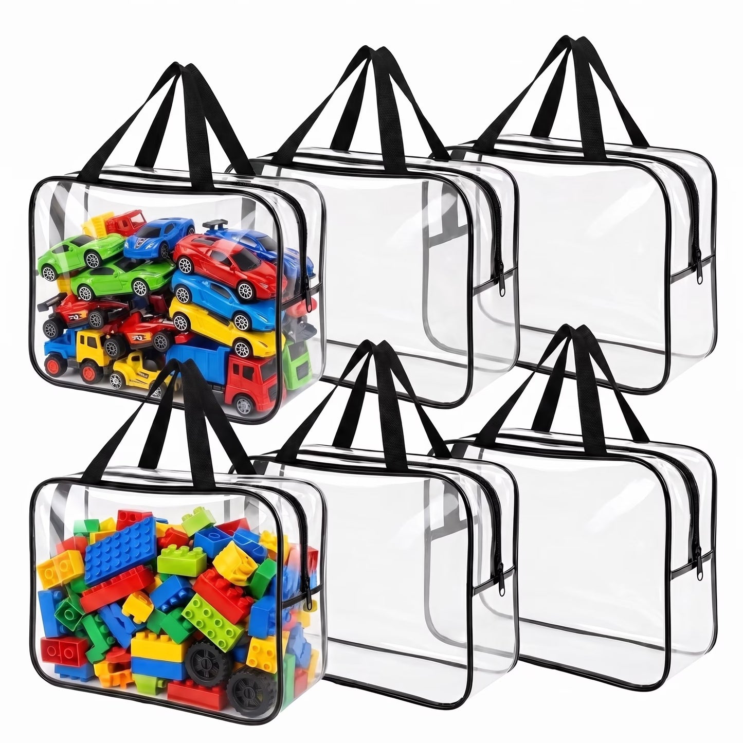6-Pack Clear Toy Storage Bags — Large PVC Waterproof Organizer for Building Blocks, Puzzles & Kids Books, 11.8" Travel Tote