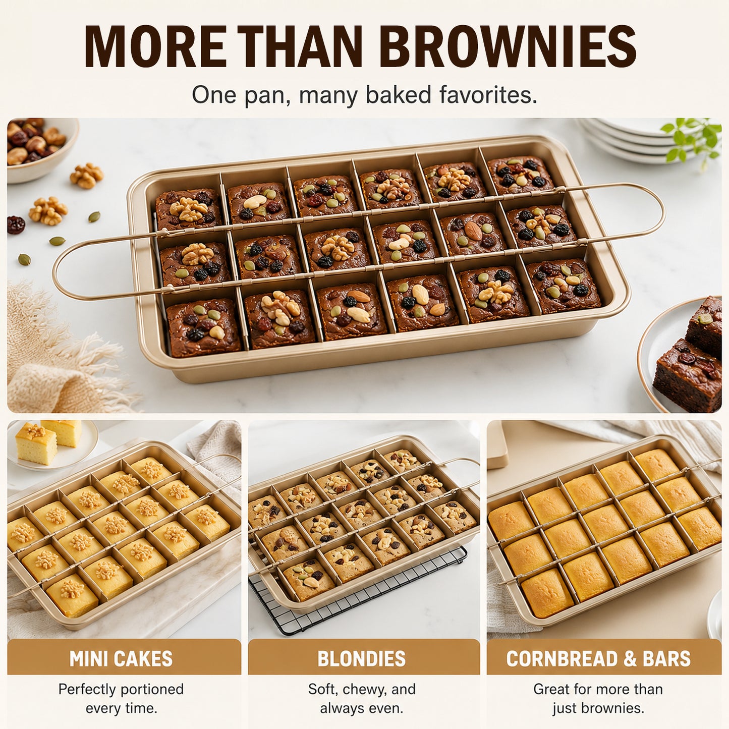 Nonstick Brownie Pan with Dividers – 12"x7" Carbon Steel, Bakes 18 Individual Brownies & Cakes