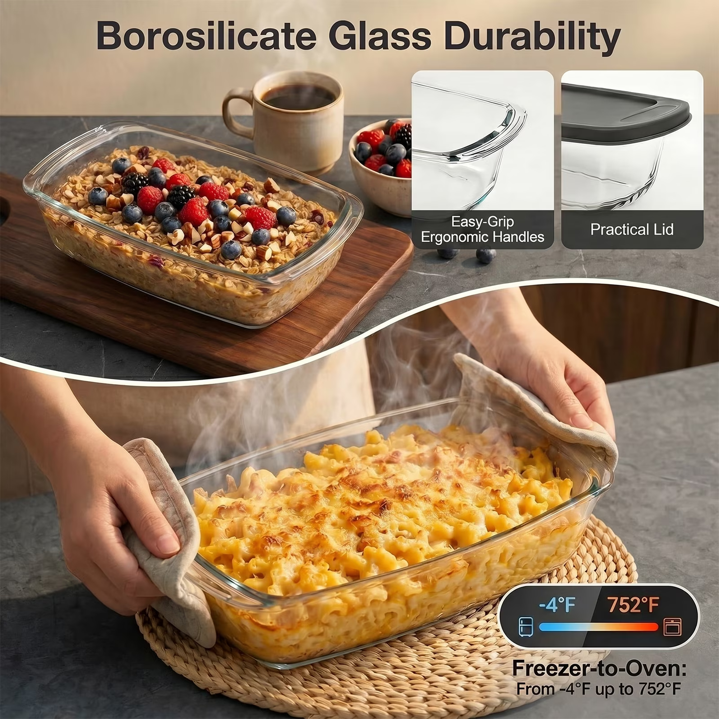 2-Pack Glass Loaf Pan with Lids – Deep 1.9 QT, Clear Baking Dish, Wide Handles, Oven to Fridge